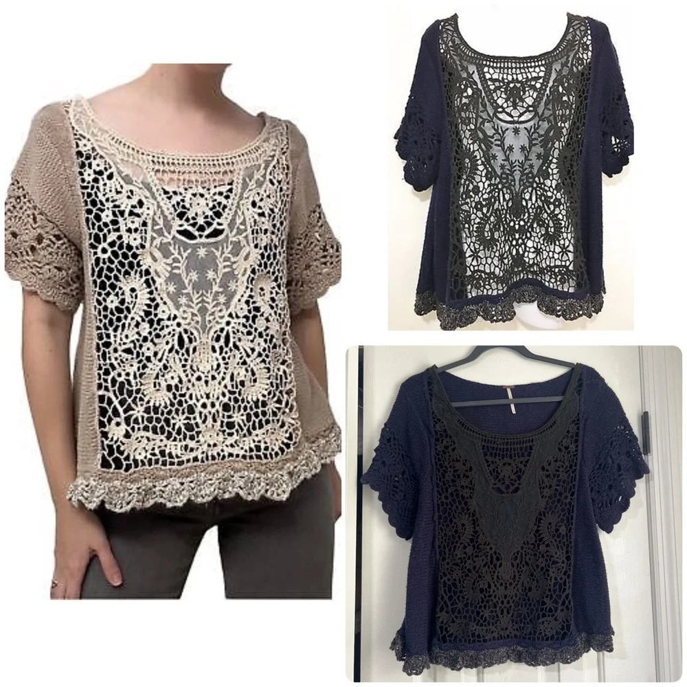 Oversized Free People Crochet Short Sleeve Blouse Shirt Top Ruffle Black Blue XS